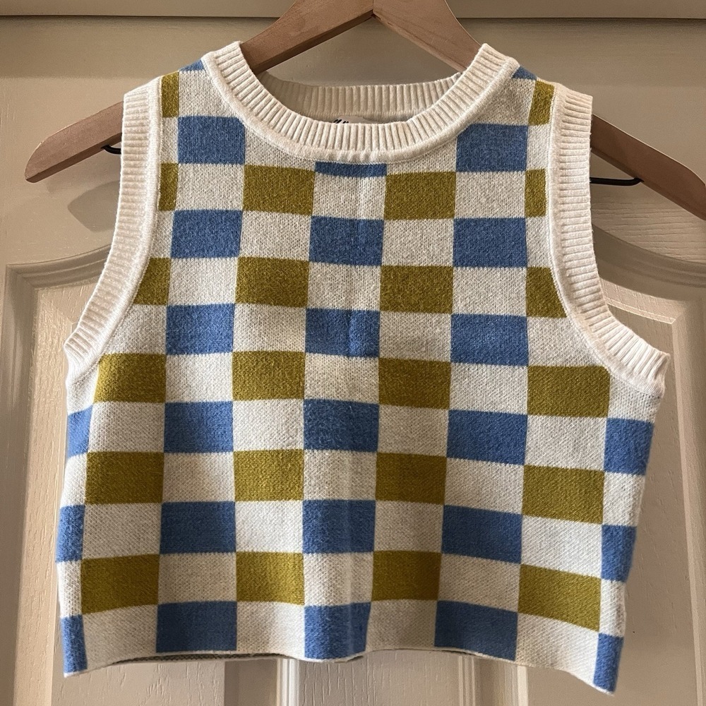 Cropped Checkered Knit Sweater Vest S/M Y2K Preppy Streetwear Kidcore 90s Retro
